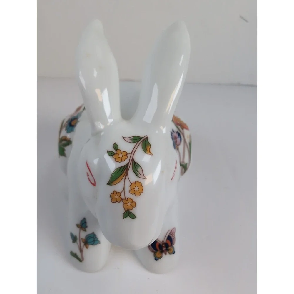 Trina Ceramic Bunny Cotton Ball Dispenser, Glazed W/Butterflies & Flowers Vintag